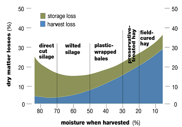 Dry matter losses during harvest and storage relative to forage moisture content at harvest.